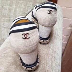 Chanel White and Beige Espadrille Wedges